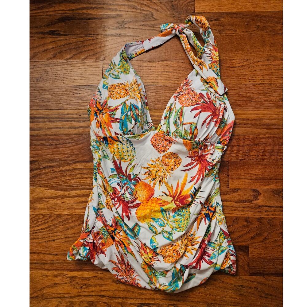 Blue Rod Beattie Pineapple Express Halter Tankini Top in White & Multi Size 4